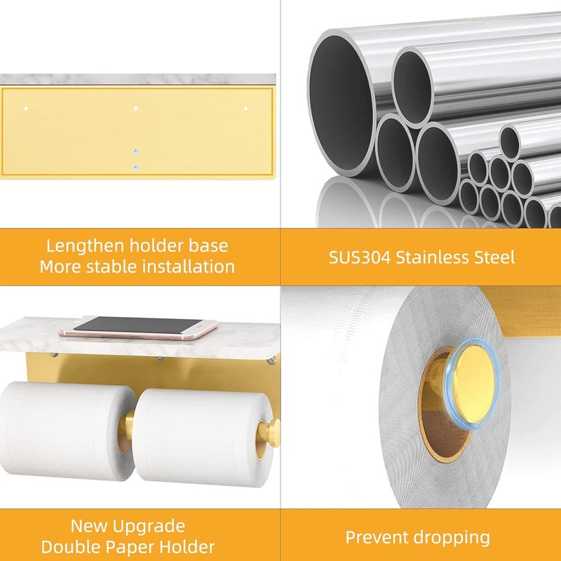 Gypie Brushed Gold Toilet Paper Holder with Shelf, New Upgrade Double Toilet Paper Holder with Storage, Marble Roll Toilet Paper Wall Mount for Bathroom Washroom - Image 3